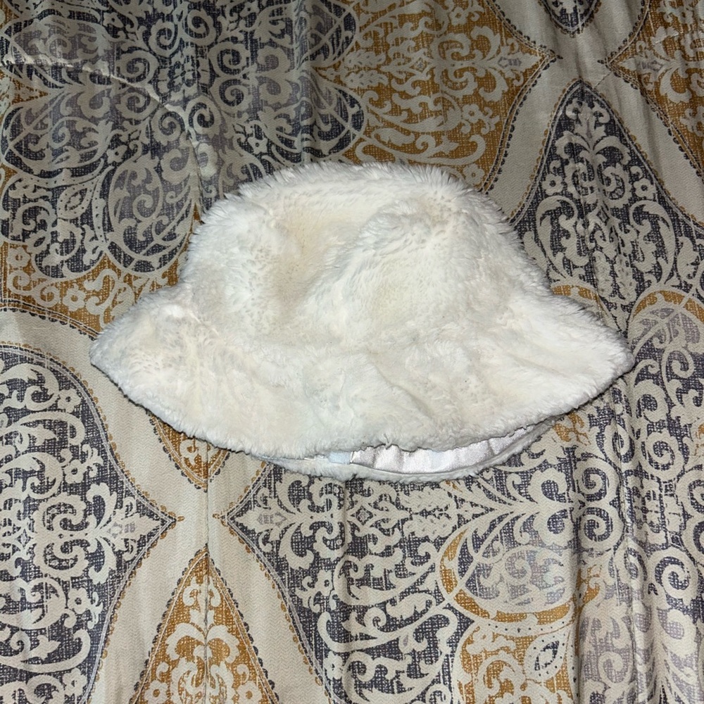 White furry bucket hat